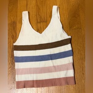 Ribbed V-Neck Striped Knit Tank Top - White with Brown, Blue & Pink Stripes